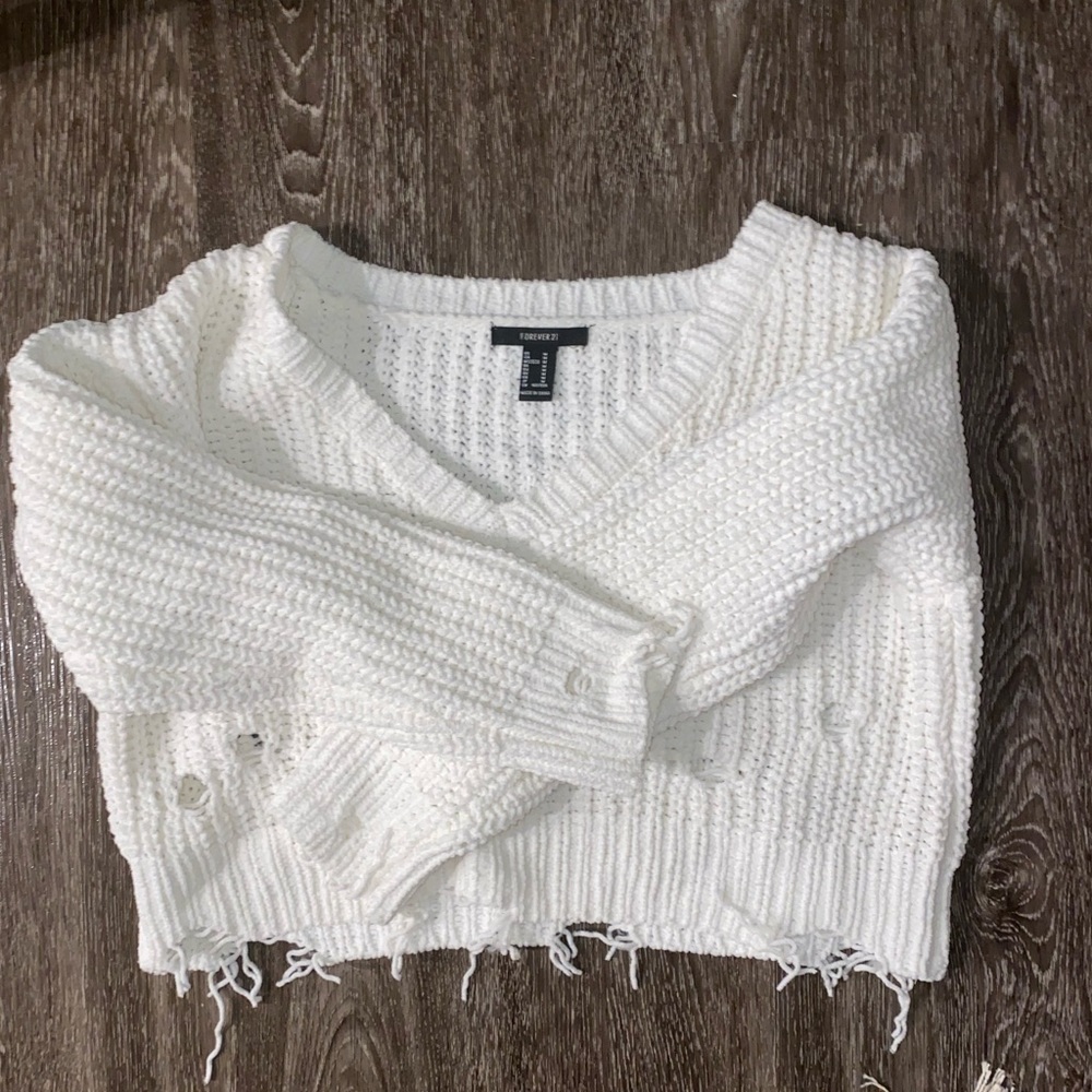 White cropped distressed sweater